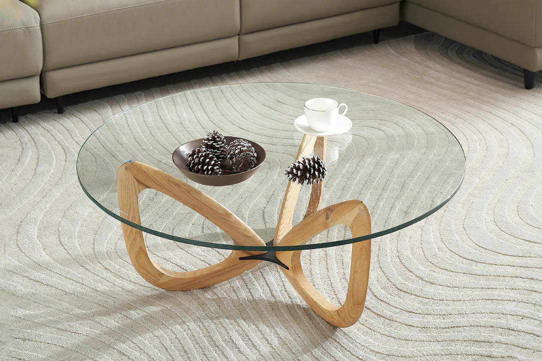 Gucci Round Coffee Table with 12mm Tempered Transparent Glass Top and Solid Ash Wood Base