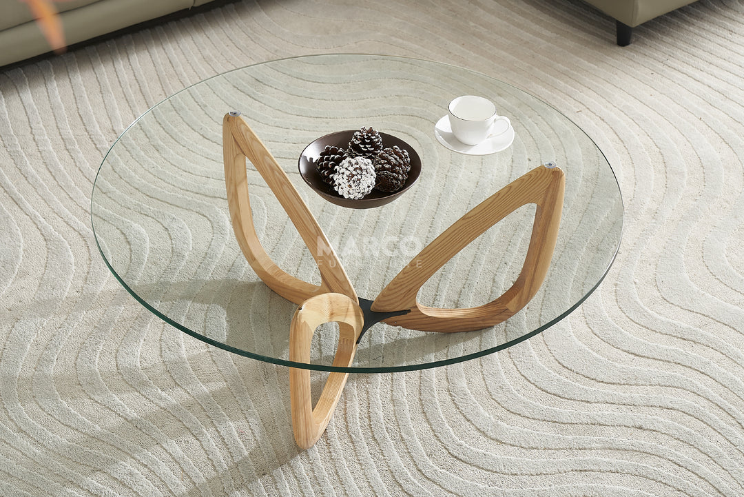 Gucci Round Coffee Table with 12mm Tempered Transparent Glass Top and Solid Ash Wood Base