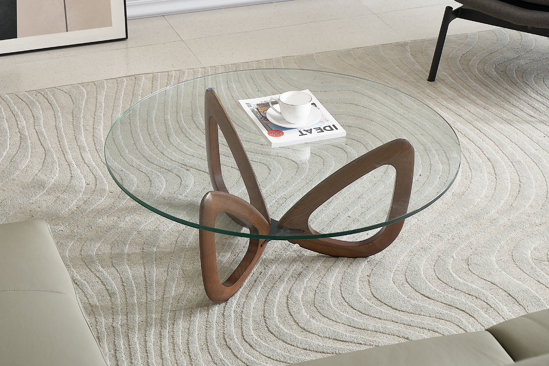 Gucci Modern Glass Coffee Table (Walnut) with Tempered Glass Top and Solid Ash Wood Base