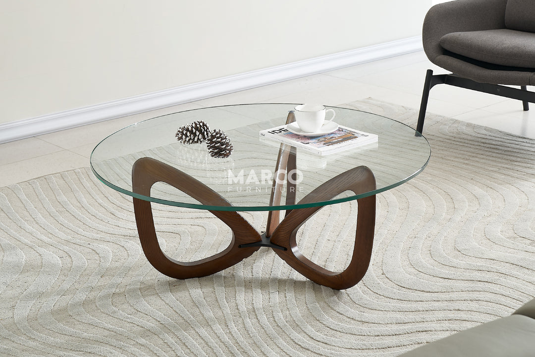 Gucci Modern Glass Coffee Table (Walnut) with Tempered Glass Top and Solid Ash Wood Base