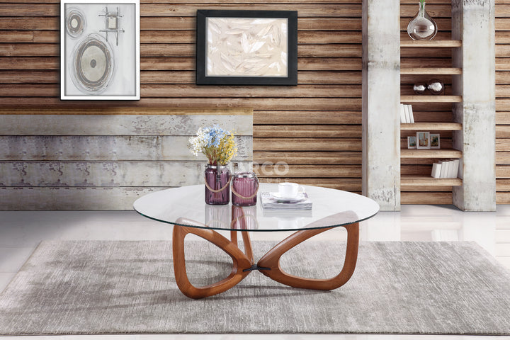 Gucci Modern Glass Coffee Table (Walnut) with Tempered Glass Top and Solid Ash Wood Base