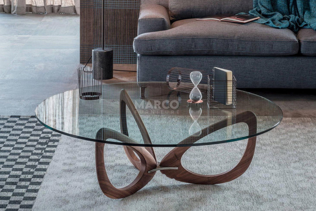 Gucci Modern Glass Coffee Table (Walnut) with Tempered Glass Top and Solid Ash Wood Base