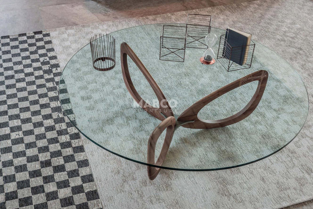 Gucci Modern Glass Coffee Table (Walnut) with Tempered Glass Top and Solid Ash Wood Base