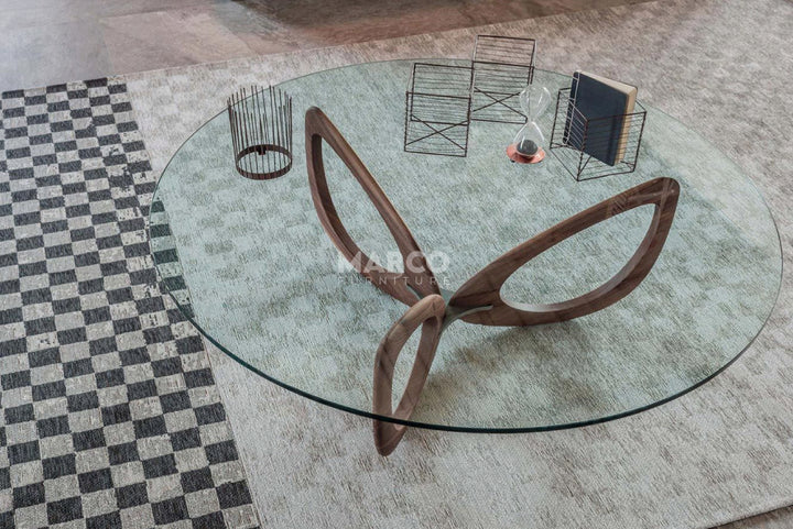 Gucci Modern Glass Coffee Table (Walnut) with Tempered Glass Top and Solid Ash Wood Base