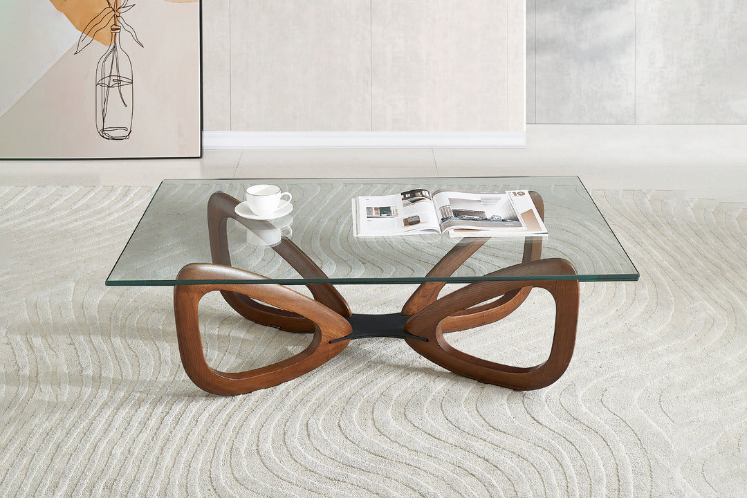 Gucci Modern Glass Coffee Table (Walnut) with Tempered Glass Top and Solid Ash Wood Base
