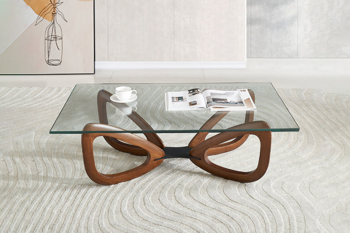 Gucci Modern Glass Coffee Table (Walnut) with Tempered Glass Top and Solid Ash Wood Base