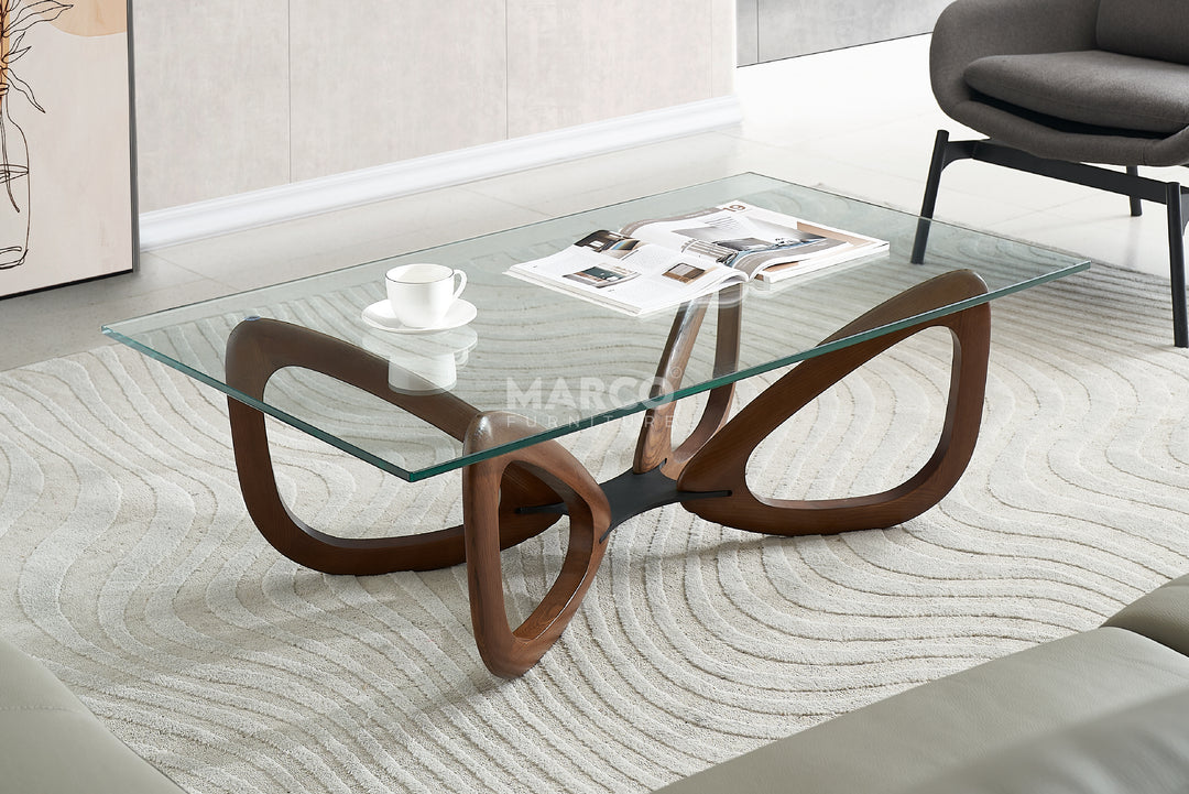 Gucci Modern Glass Coffee Table (Walnut) with Tempered Glass Top and Solid Ash Wood Base