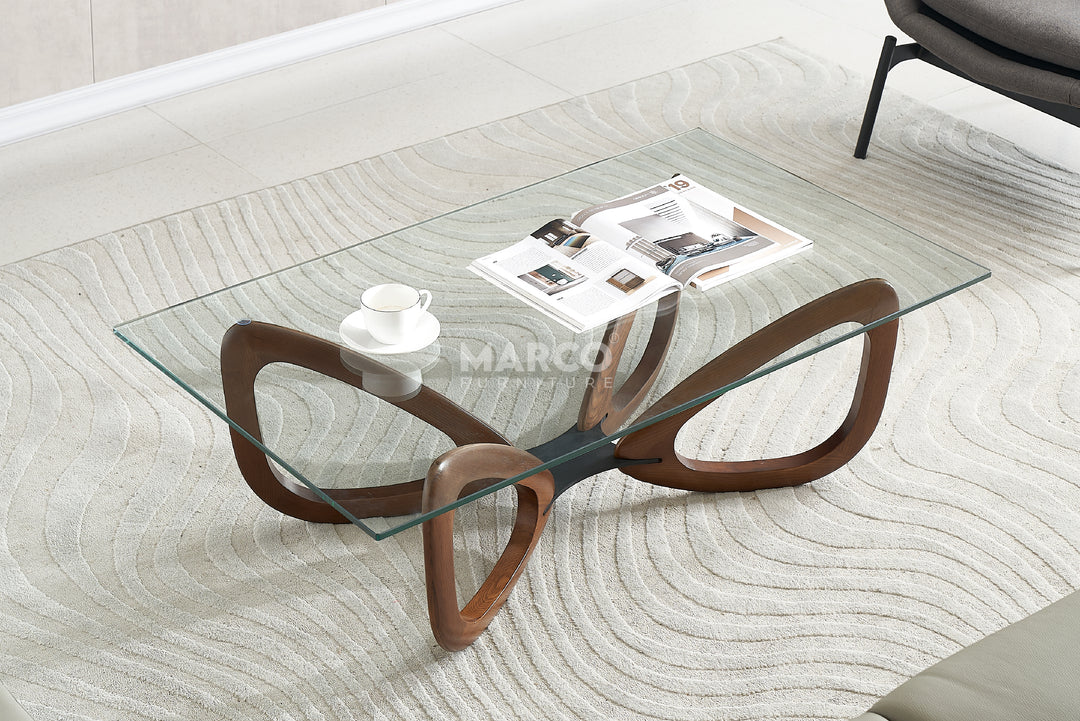 Gucci Modern Glass Coffee Table (Walnut) with Tempered Glass Top and Solid Ash Wood Base