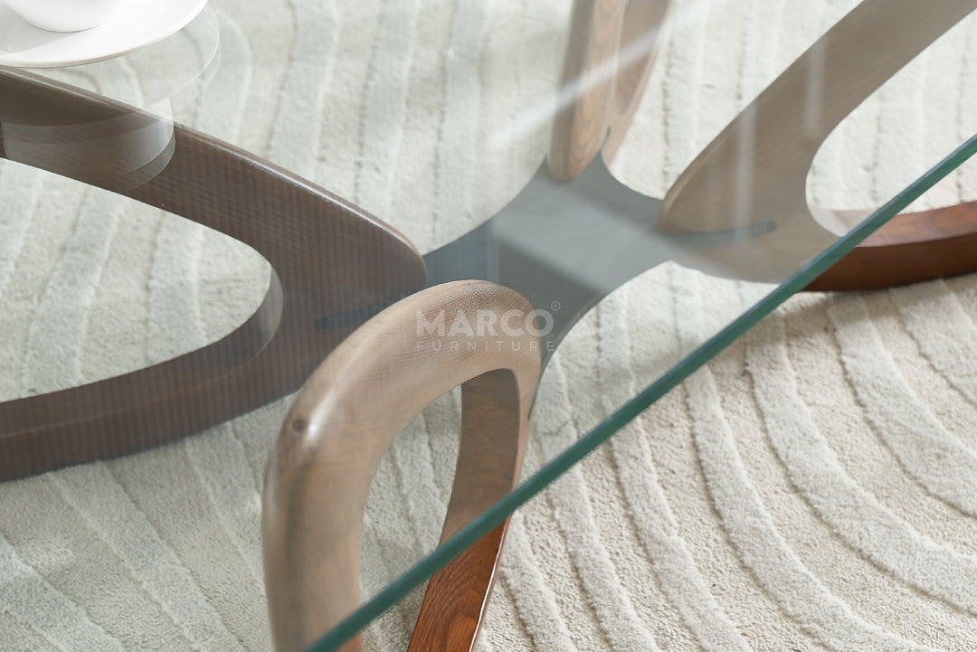 Gucci Modern Glass Coffee Table (Walnut) with Tempered Glass Top and Solid Ash Wood Base