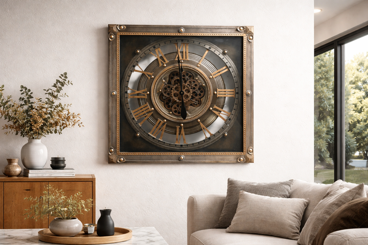 Gunmetal Square Skeleton Gear Large Wall Clock (80 cm)