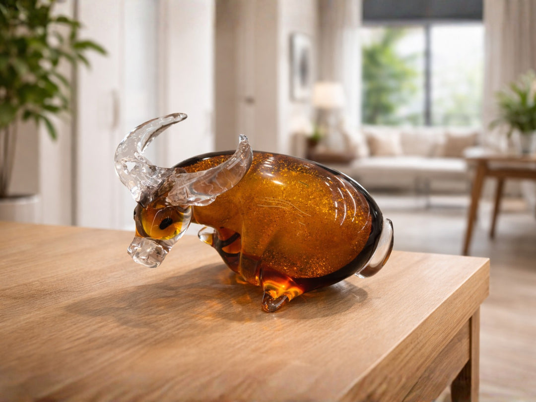 Hand-Blown Amber Glass Bull Sculpture