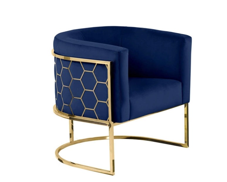 Honey Comb Blue Velvet Brush Gold Chair