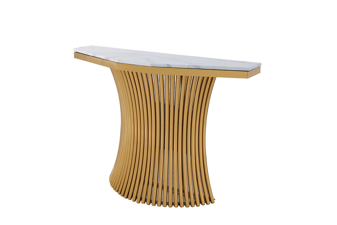 Console table with wicker base and marble top on a white background