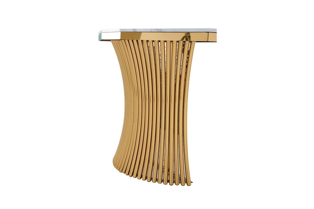 Gold side table with wavy design on a white background