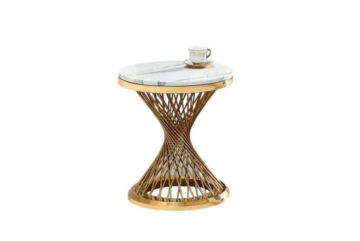Gold side table with marble top on a white background