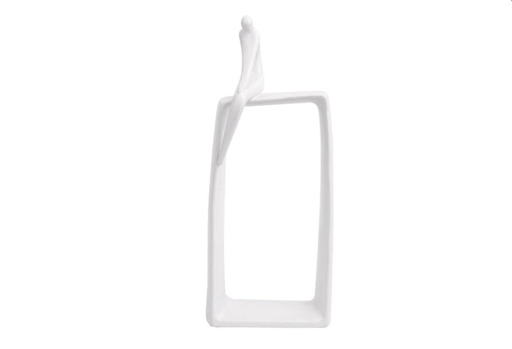White abstract human figurine sitting atop a vertical hollow rectangle base, part of the Hugo Collection Cool Snow.