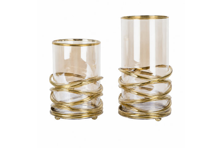 Hurricane Gold Coiled Wrap Decorative Glass Vase (Set of 2)