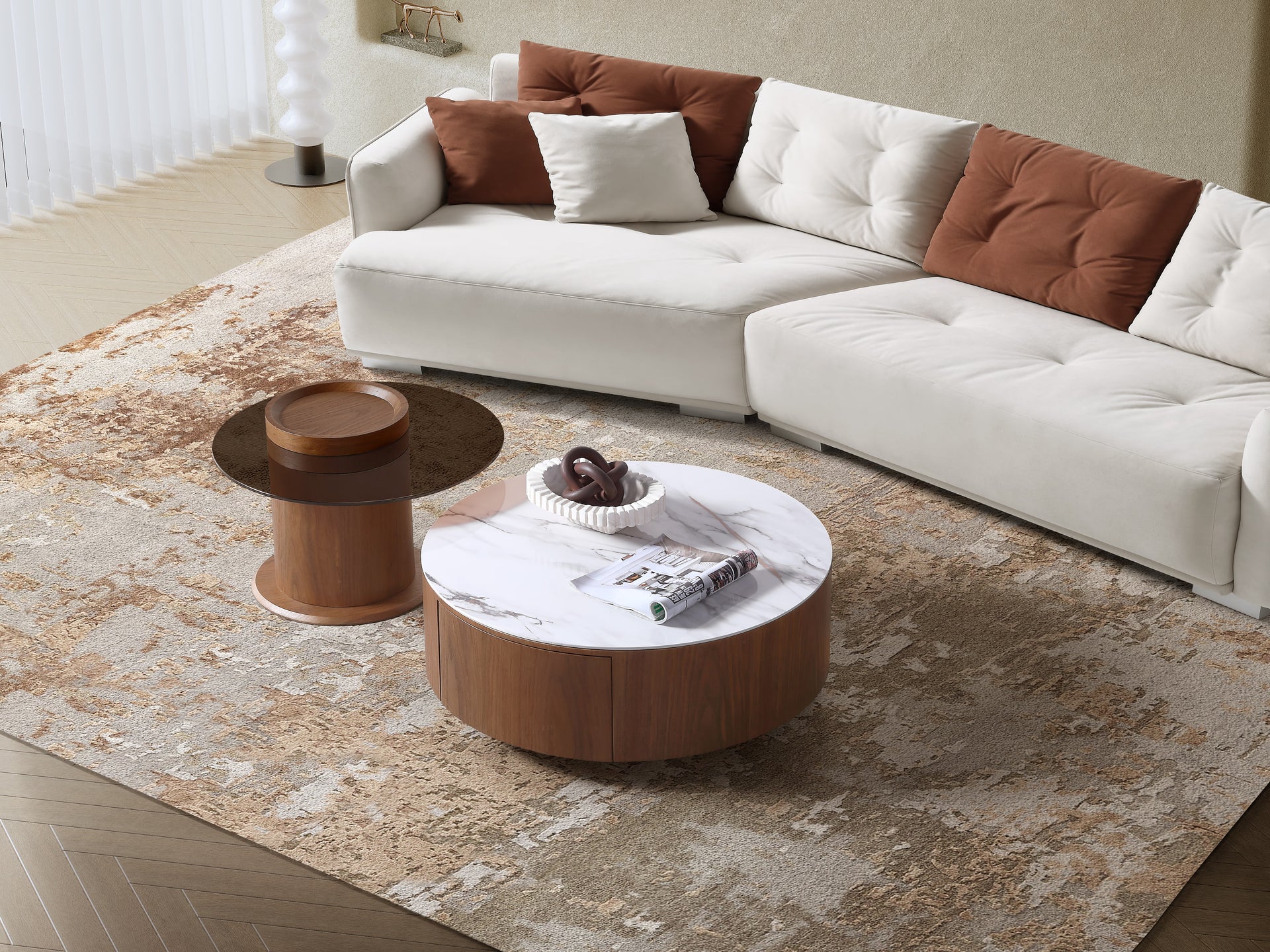 White sectional sofa with brown and white cushions in a living room setting.