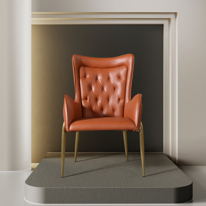 Red leather armchair in a minimalistic room with a fireplace.