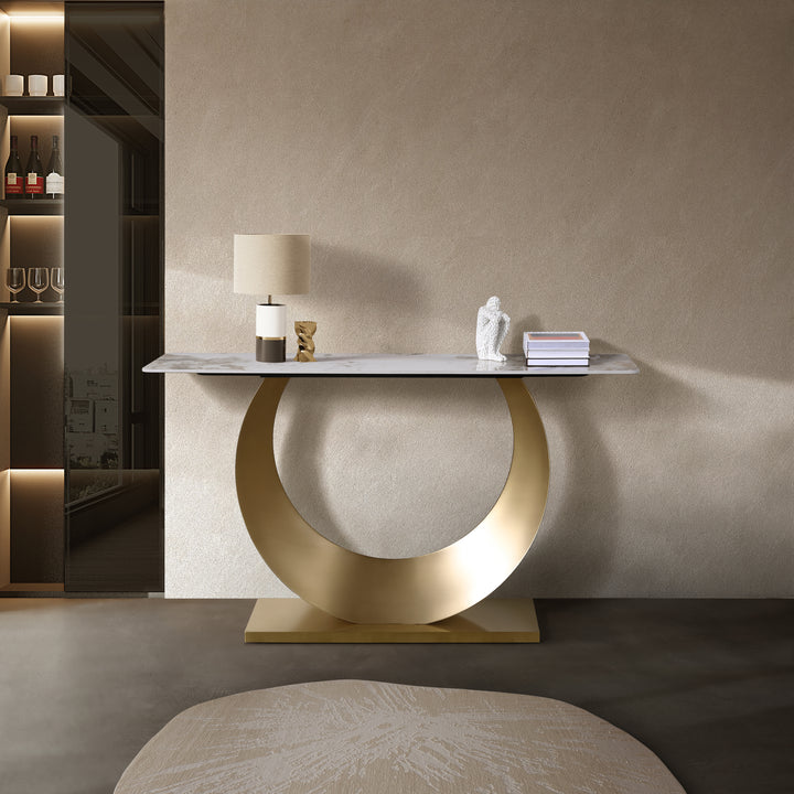Moon Sintered Stone Top Console Table with Gold Base