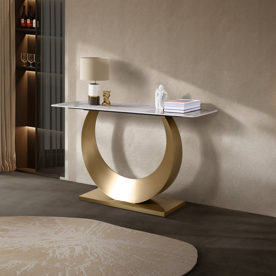 Moon Sintered Stone Top Console Table with Gold Base