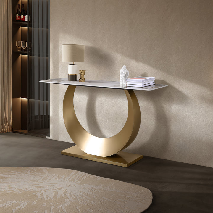 Moon Sintered Stone Top Console Table with Gold Base