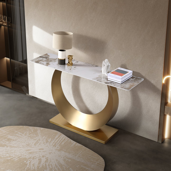 Moon Sintered Stone Top Console Table with Gold Base