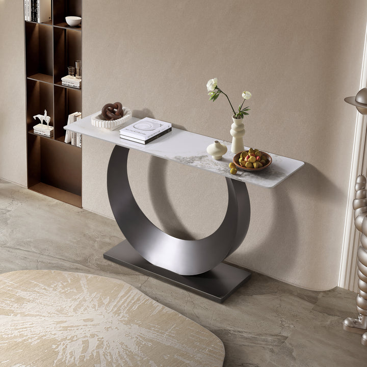 Moon Sintered Stone Top Console Table with Gold Base
