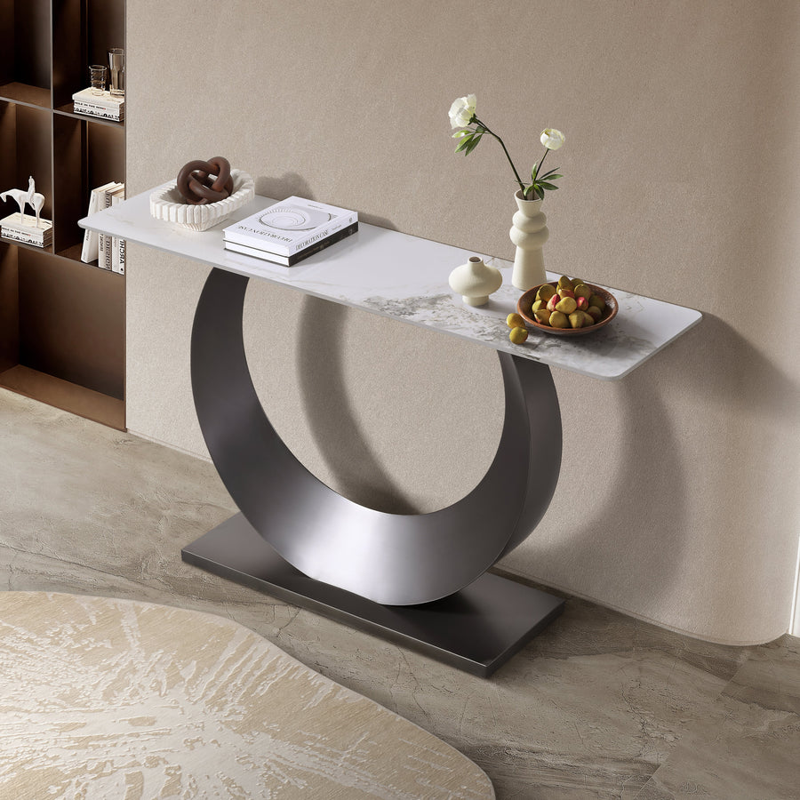 Moon Sintered Stone Top Console Table with Black Base