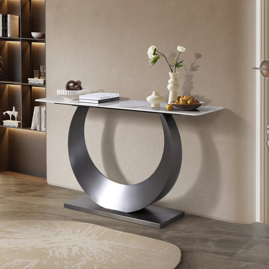 Moon Sintered Stone Top Console Table with Gold Base