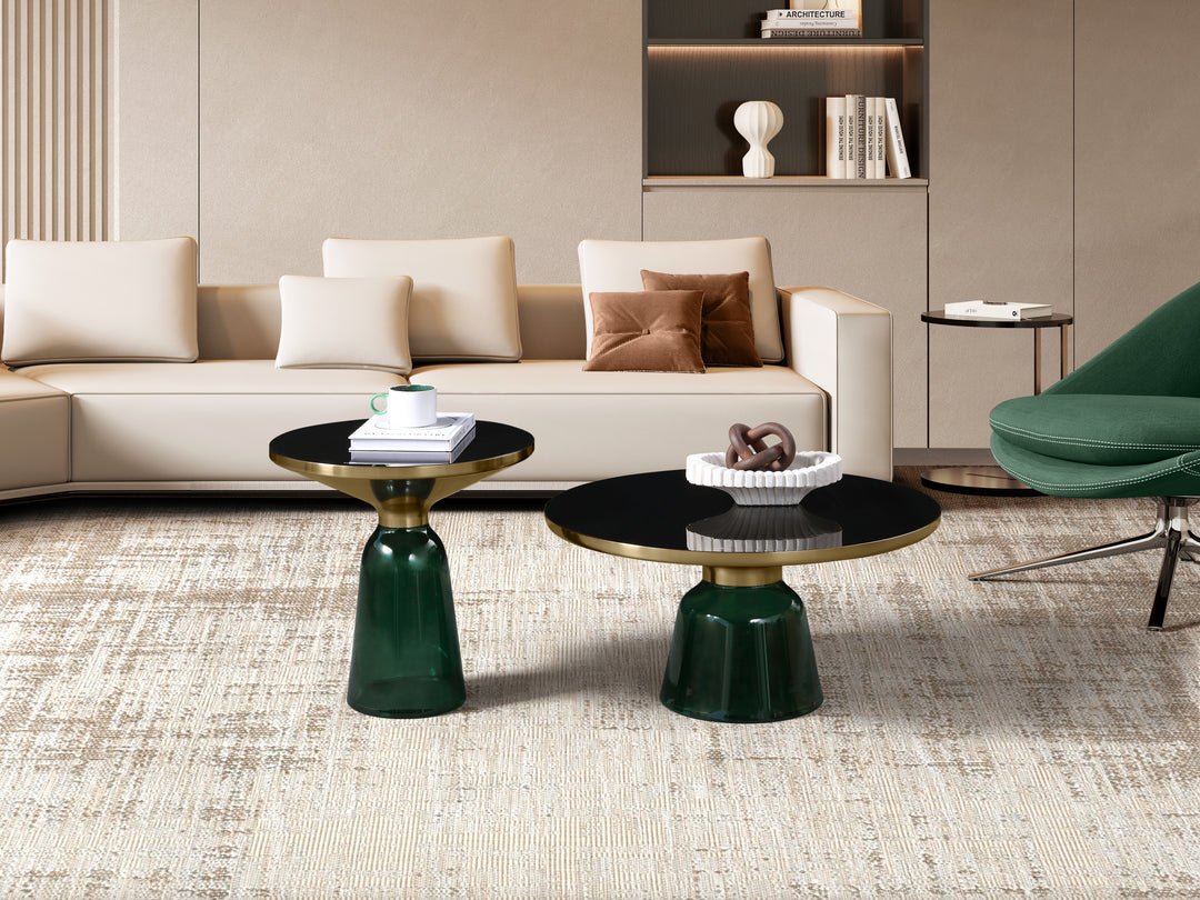 Bell Round Glass Coffee Table (GREEN) with Hand-Blown Glass Base (Set of 2)