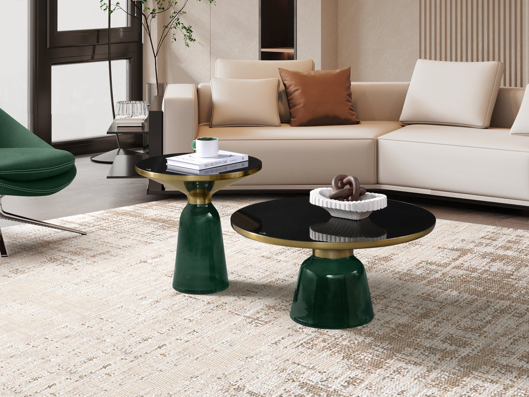 Bell Round Glass Coffee Table (GREEN) with Hand-Blown Glass Base (Set of 2)