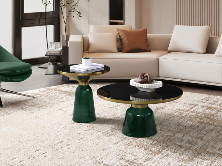 Bell Round Glass Coffee Table (GREEN) with Hand-Blown Glass Base (Set of 2)