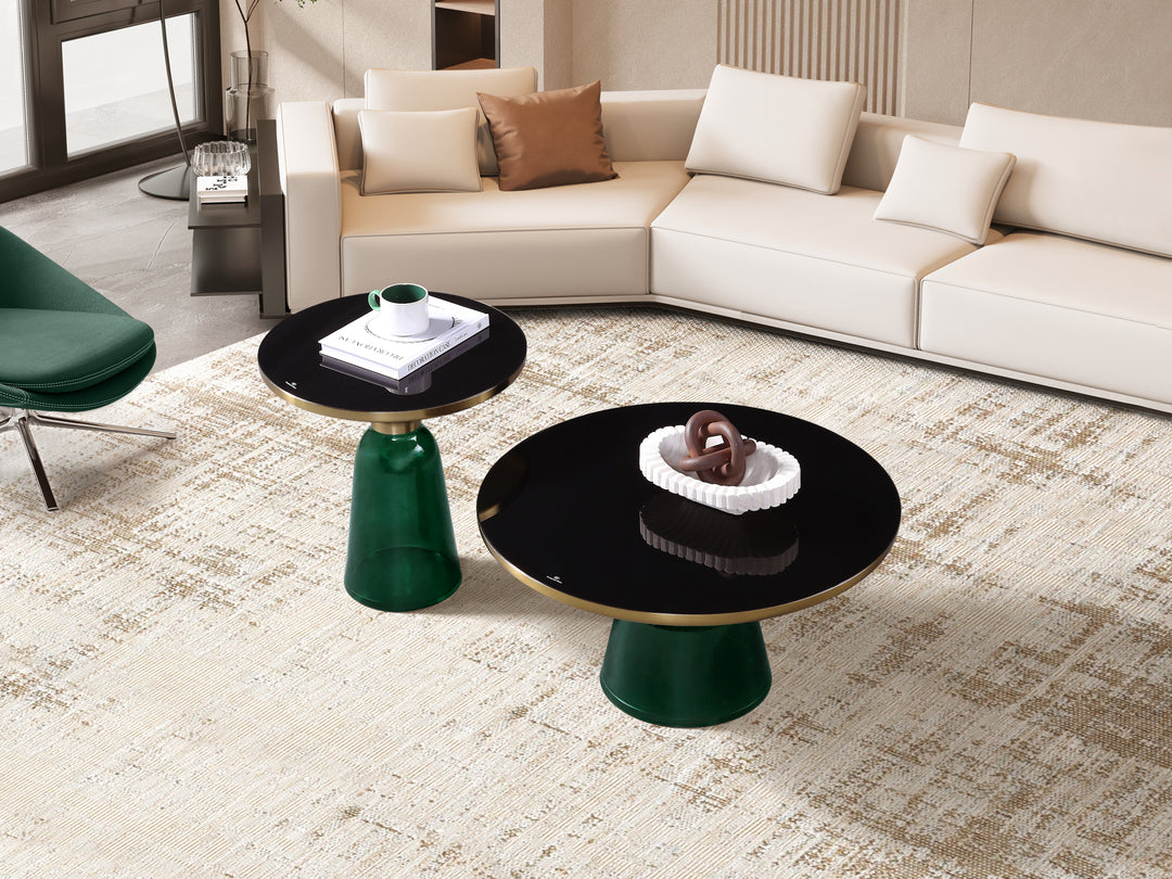Bell Round Glass Coffee Table (GREEN) with Hand-Blown Glass Base (Set of 2)