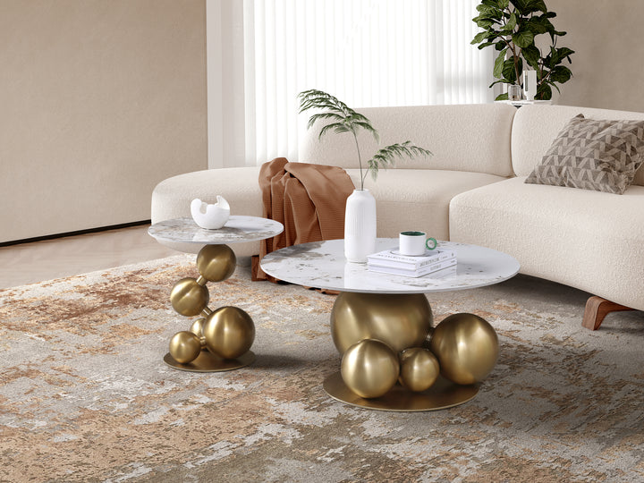 Bruno Sintered Stone Top Coffee Table Set with Gold Steel Base