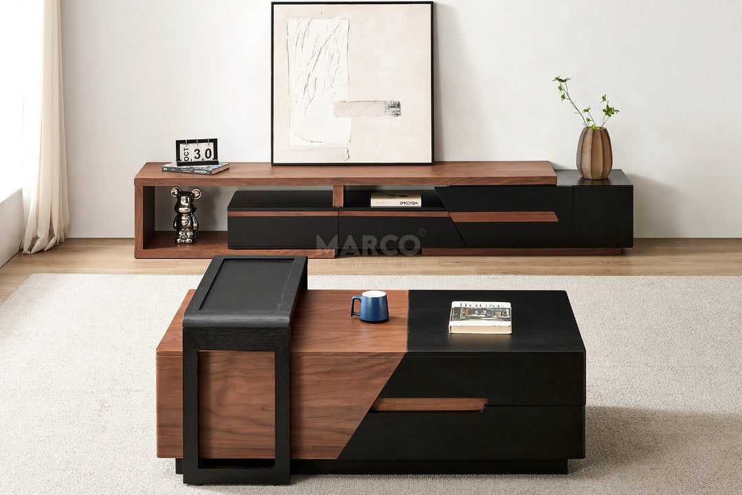 London Modern Coffee Table in Walnut and Black with Storage
