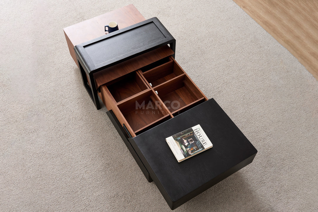London Modern Coffee Table in Walnut and Black with Storage