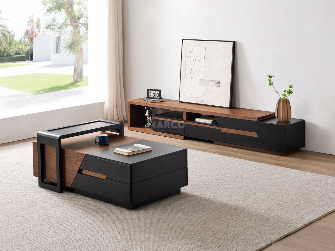 Modern living room with a black and wood TV stand and coffee table.