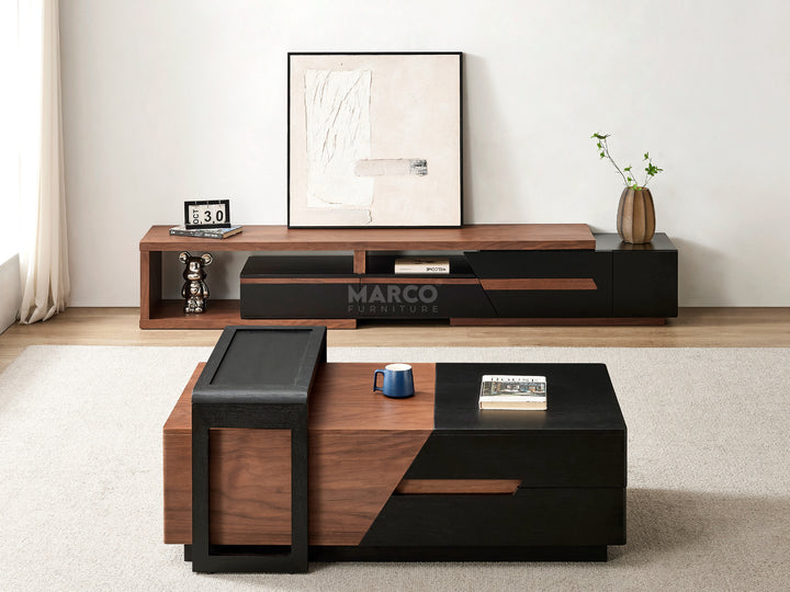 Modern living room with a wooden and black TV stand and coffee table.