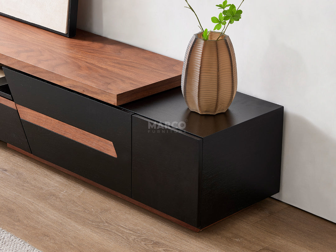 London Extendable TV Unit With Storage (Walnut and Matte Black)