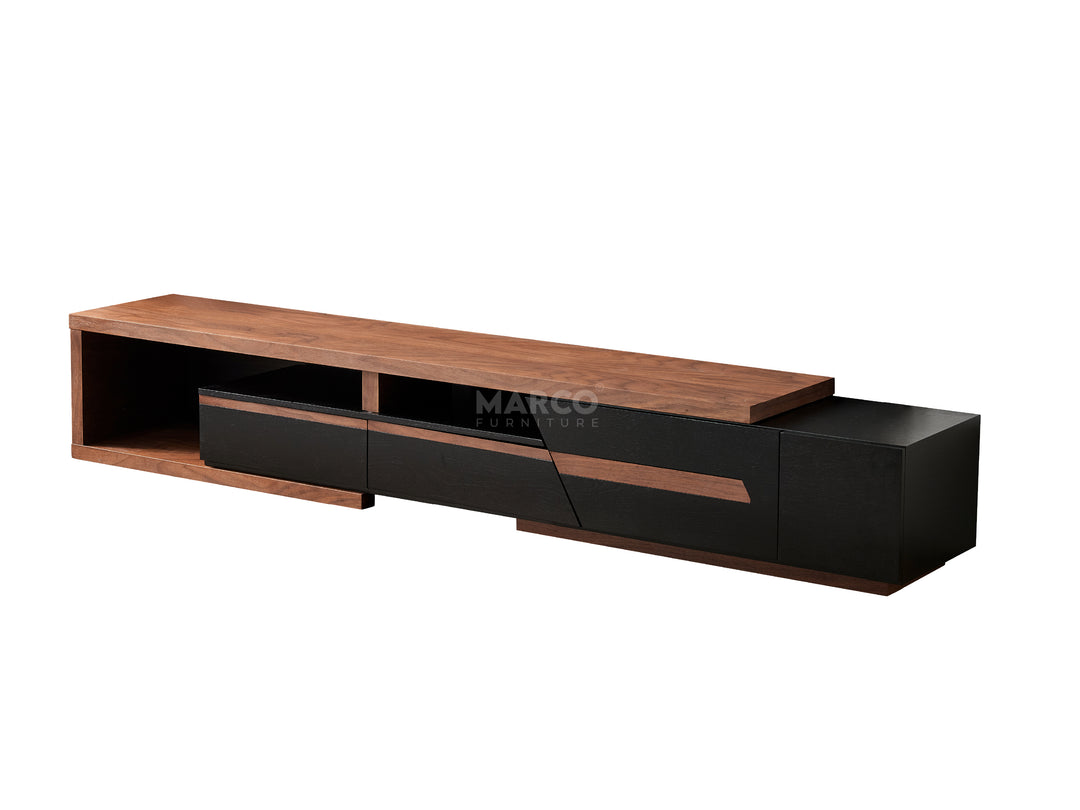 Wooden TV stand with black accents on a white background
