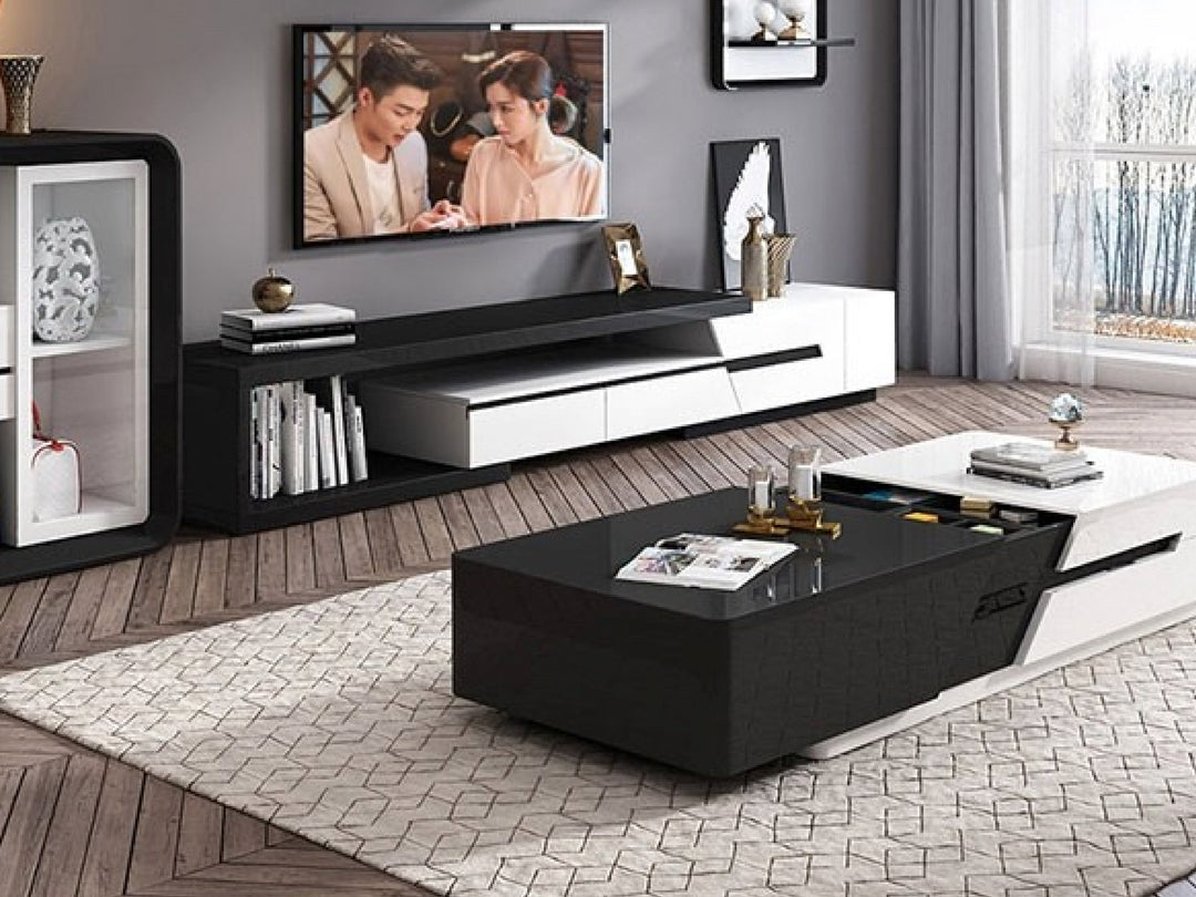 Modern living room with a television, entertainment console, and coffee table.