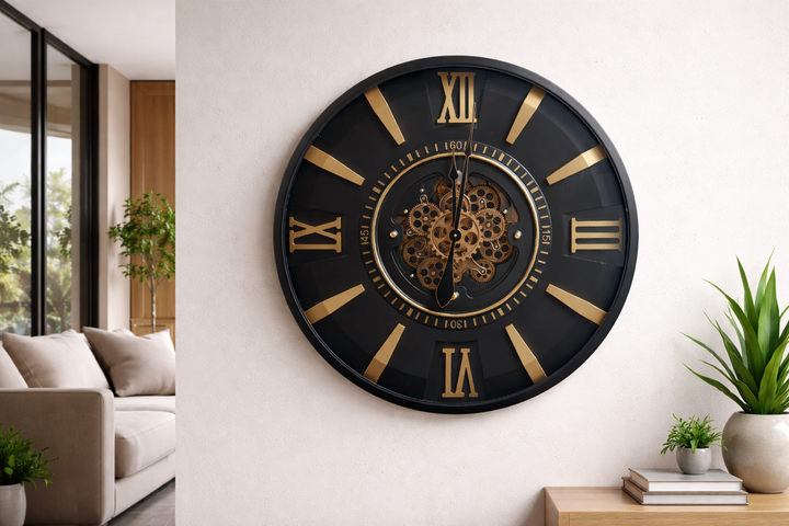 London Roman Numeral Gear Large Wall Clock - Black (80 cm)