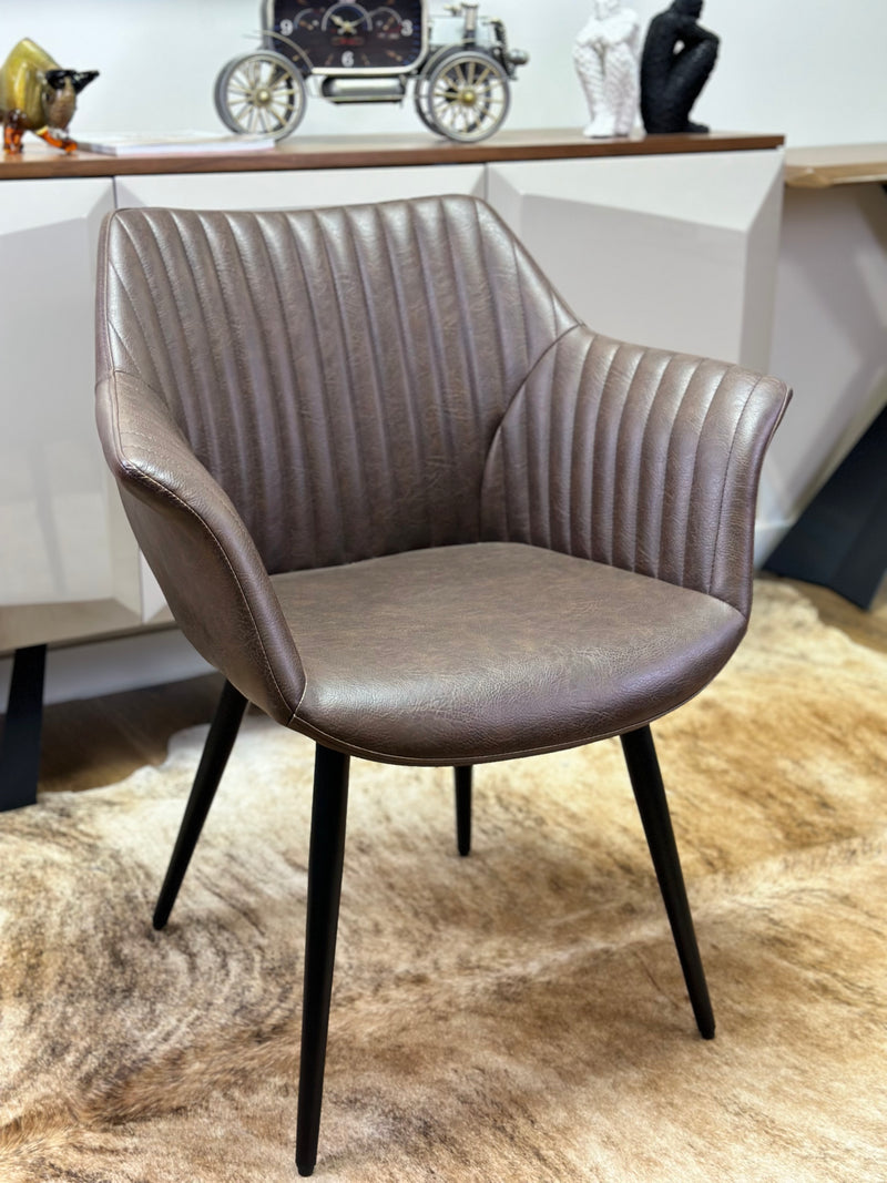 Louis Tub Dining Chair in Brown with Round-Shaped Armrests and Matte Black Metal Legs