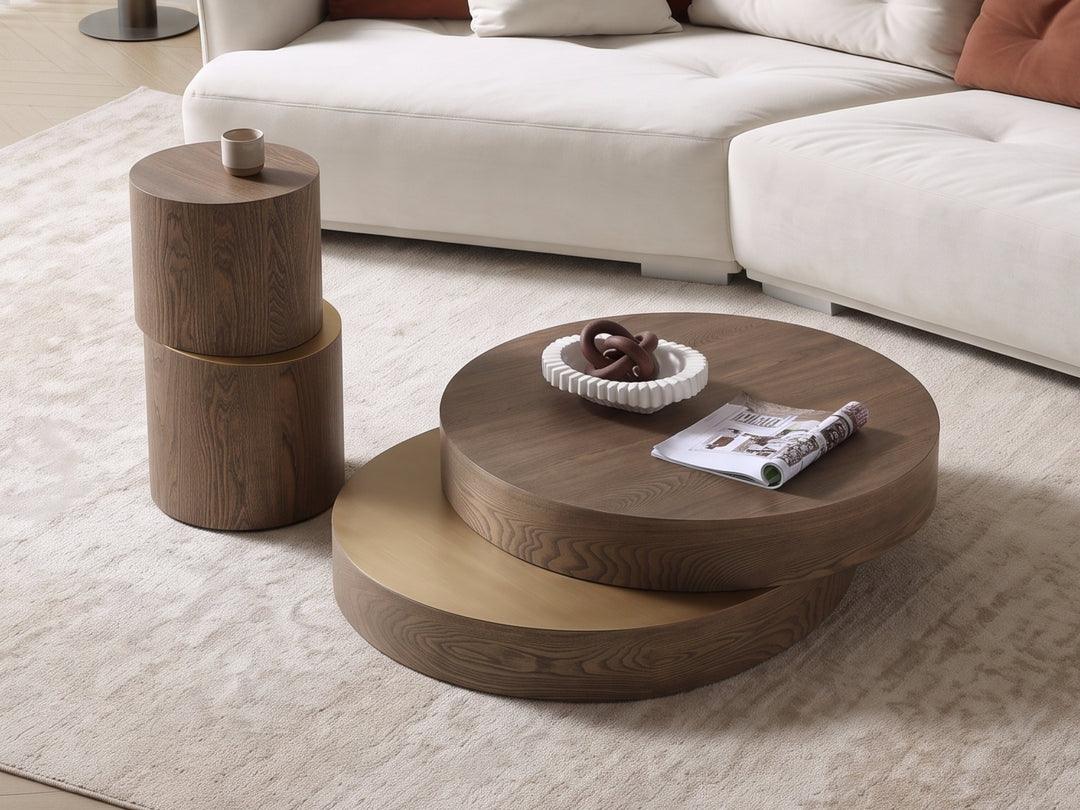 Lunaria Swivel Round Coffee Table – Brown Elm & Brushed Gold
