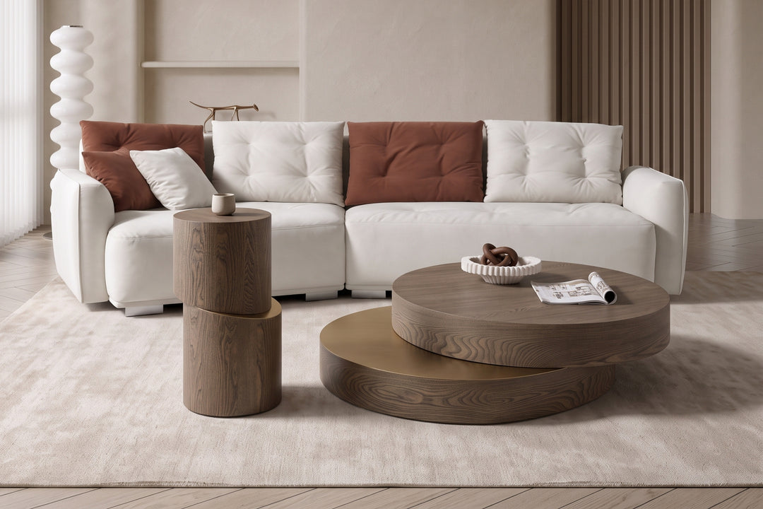 Lunaria Swivel Round Coffee Table – Brown Elm & Brushed Gold