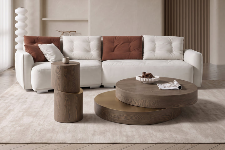 Lunaria Swivel Round Coffee Table – Brown Elm & Brushed Gold