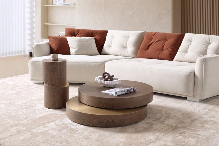 Lunaria Swivel Round Coffee Table – Brown Elm & Brushed Gold