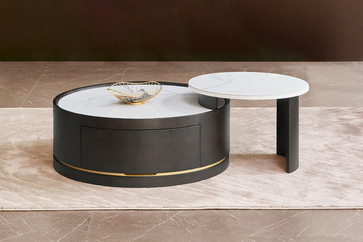 Macao Round Coffee Table with Drawers and White Spanish Ceramic Top