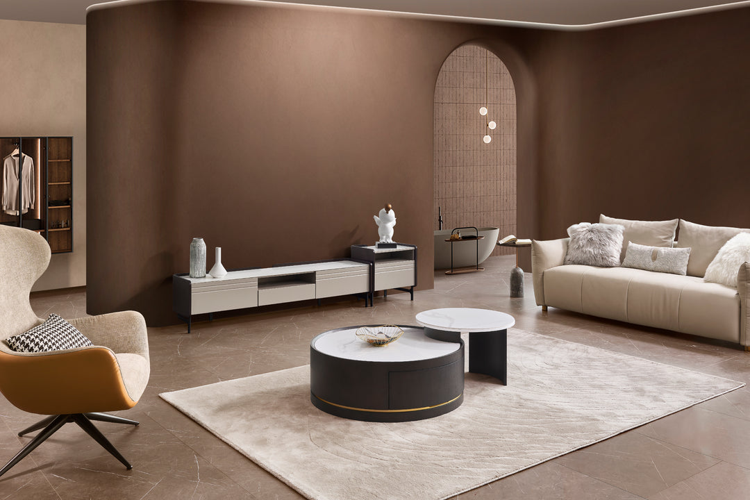 Macao Round Coffee Table with Drawers and White Spanish Ceramic Top